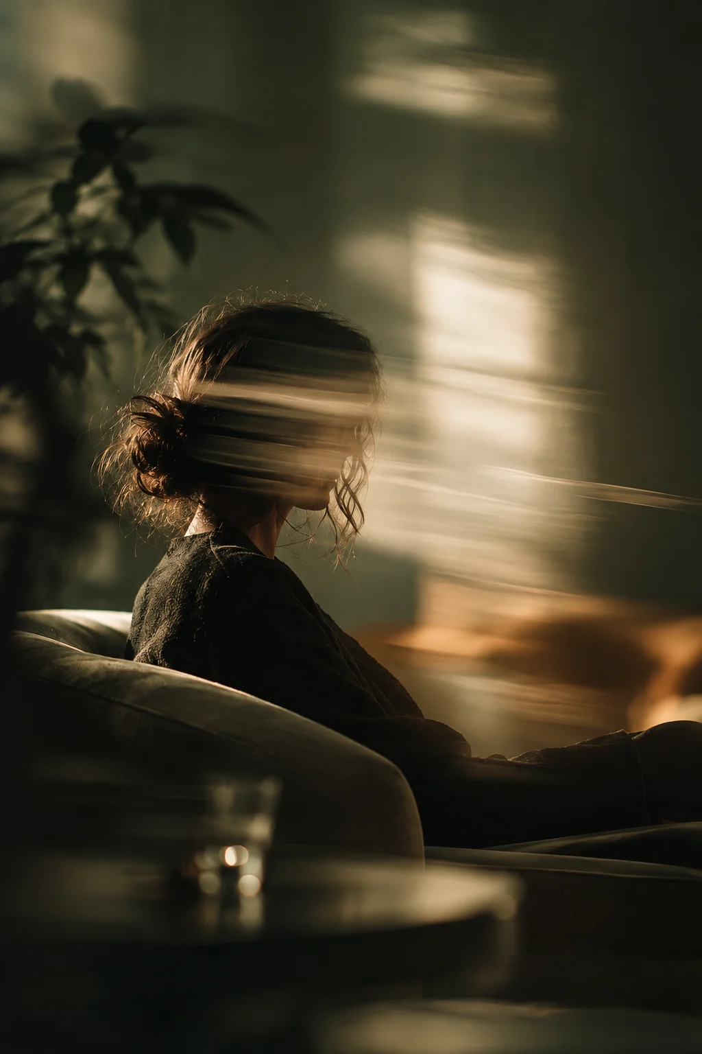 Woman seated in an armchair in warm golden light