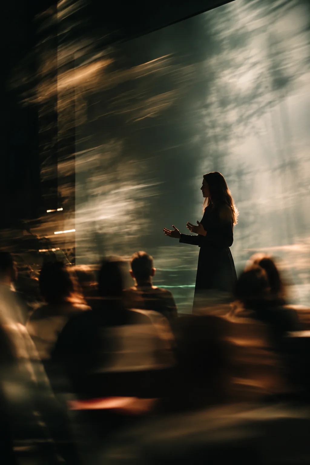 A speaker addressing a seated audience in golden light